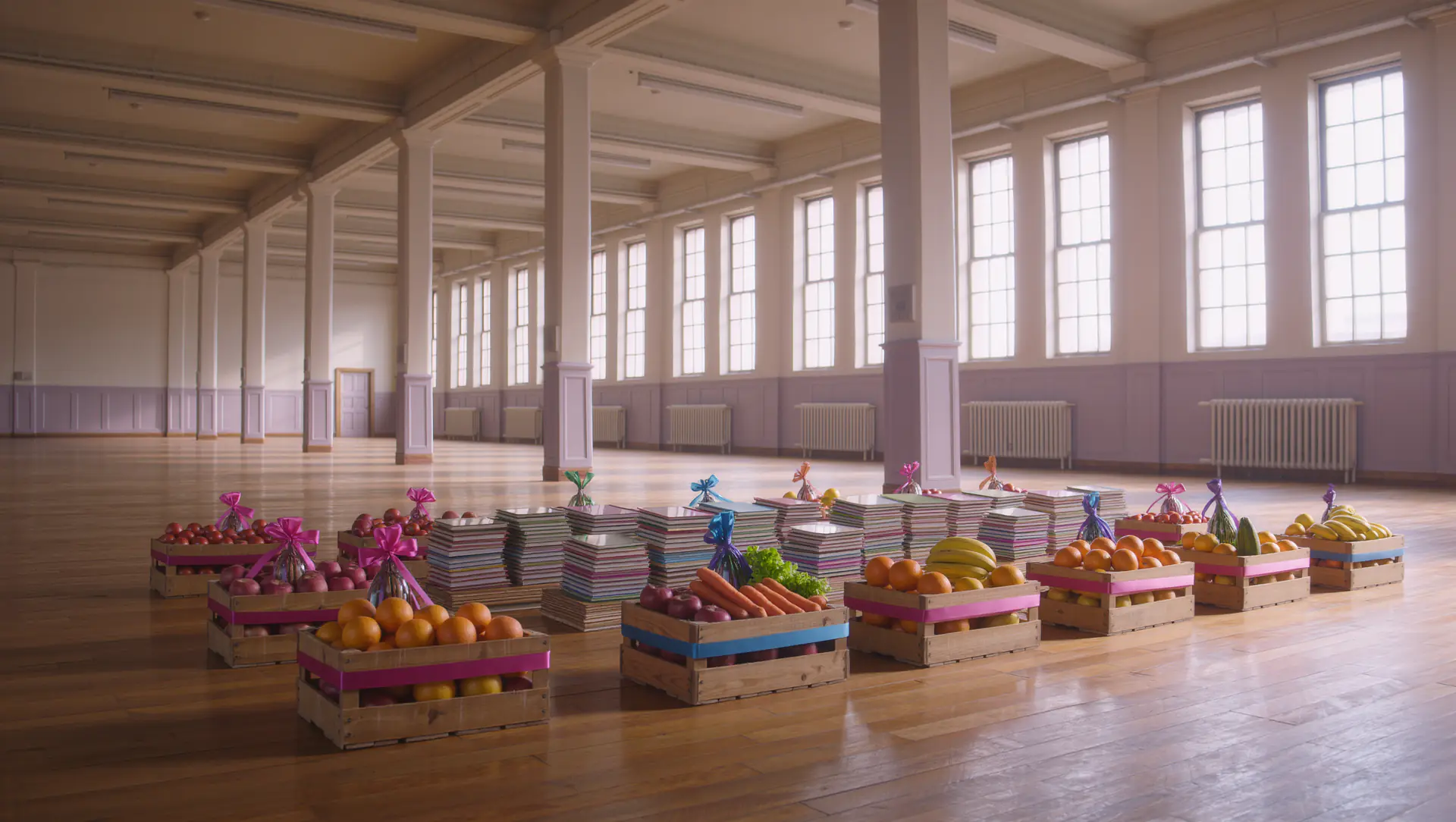 Cajas de fruta fresca y pilas de libros listas para repartirse en un salón luminoso.