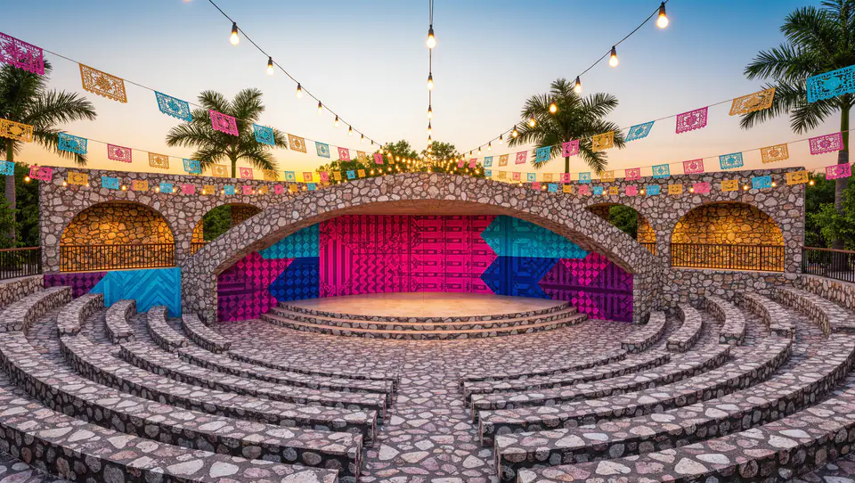 Visualization of a cultural center: an open-air stone forum with colorful murals and papel picado.