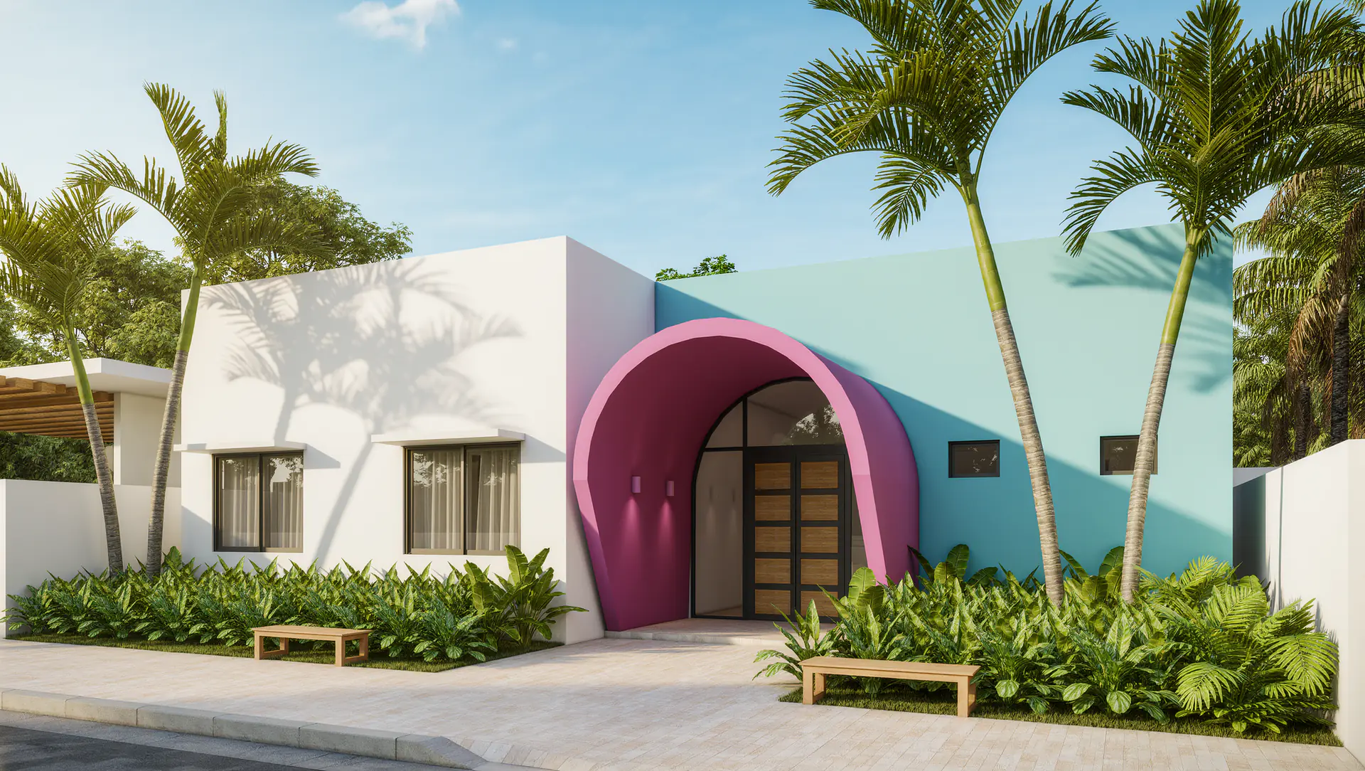 Visualización de un centro de salud: un edificio blanco y azul con entrada rosa y jardín.