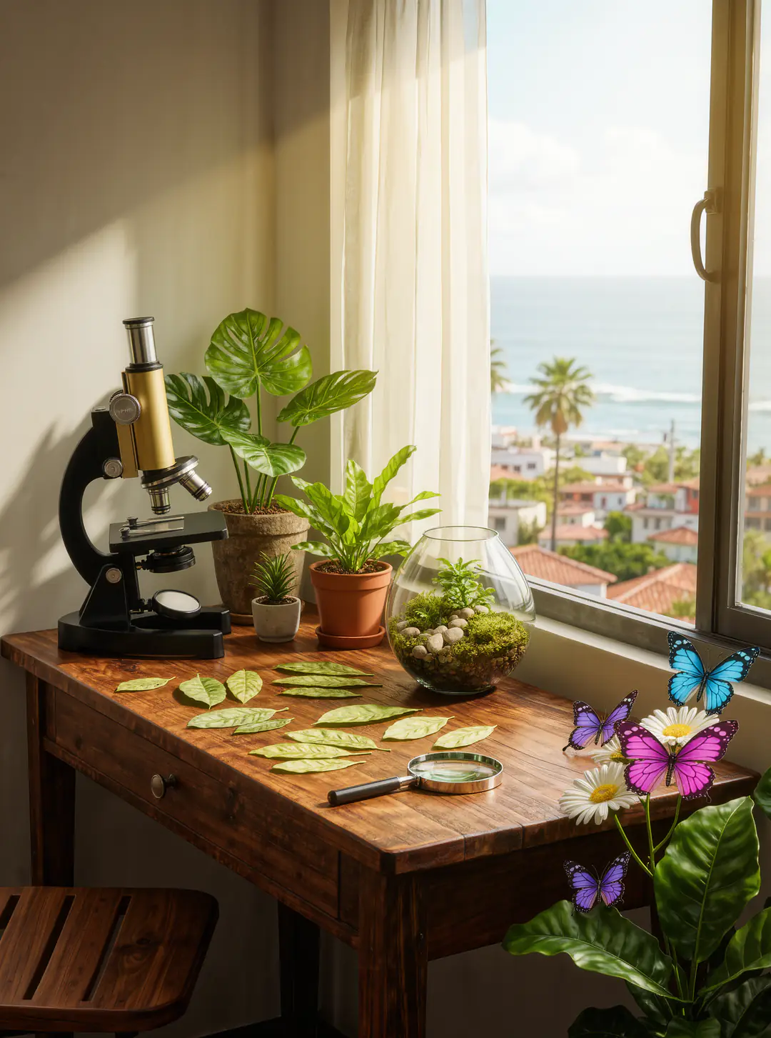 Taller de biología: un microscopio, plantas y mariposas junto a una ventana con vista al mar.