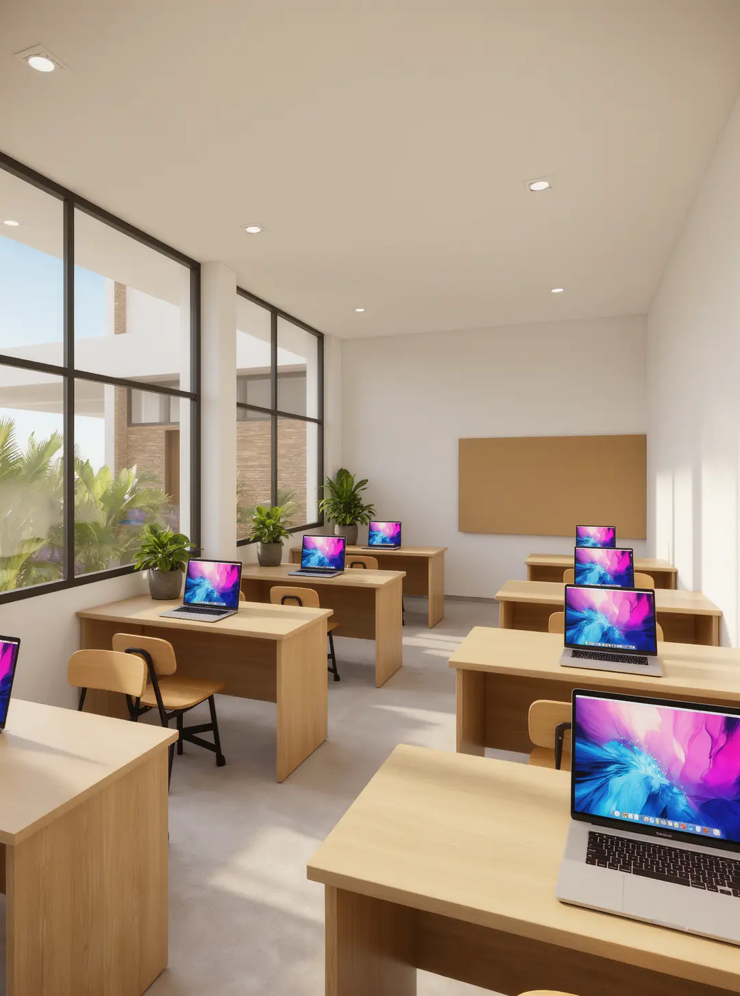 Taller de computación: un salón luminoso con computadoras portátiles sobre mesas de madera.