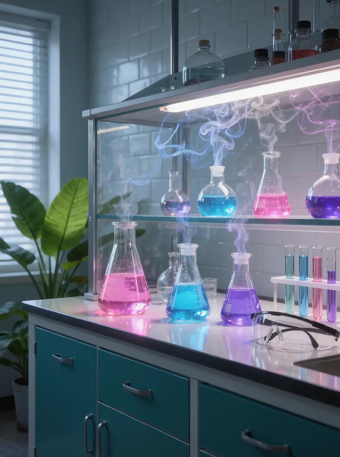 Taller de química: matraces con líquidos rosa, azul y violeta sobre una mesa de laboratorio.